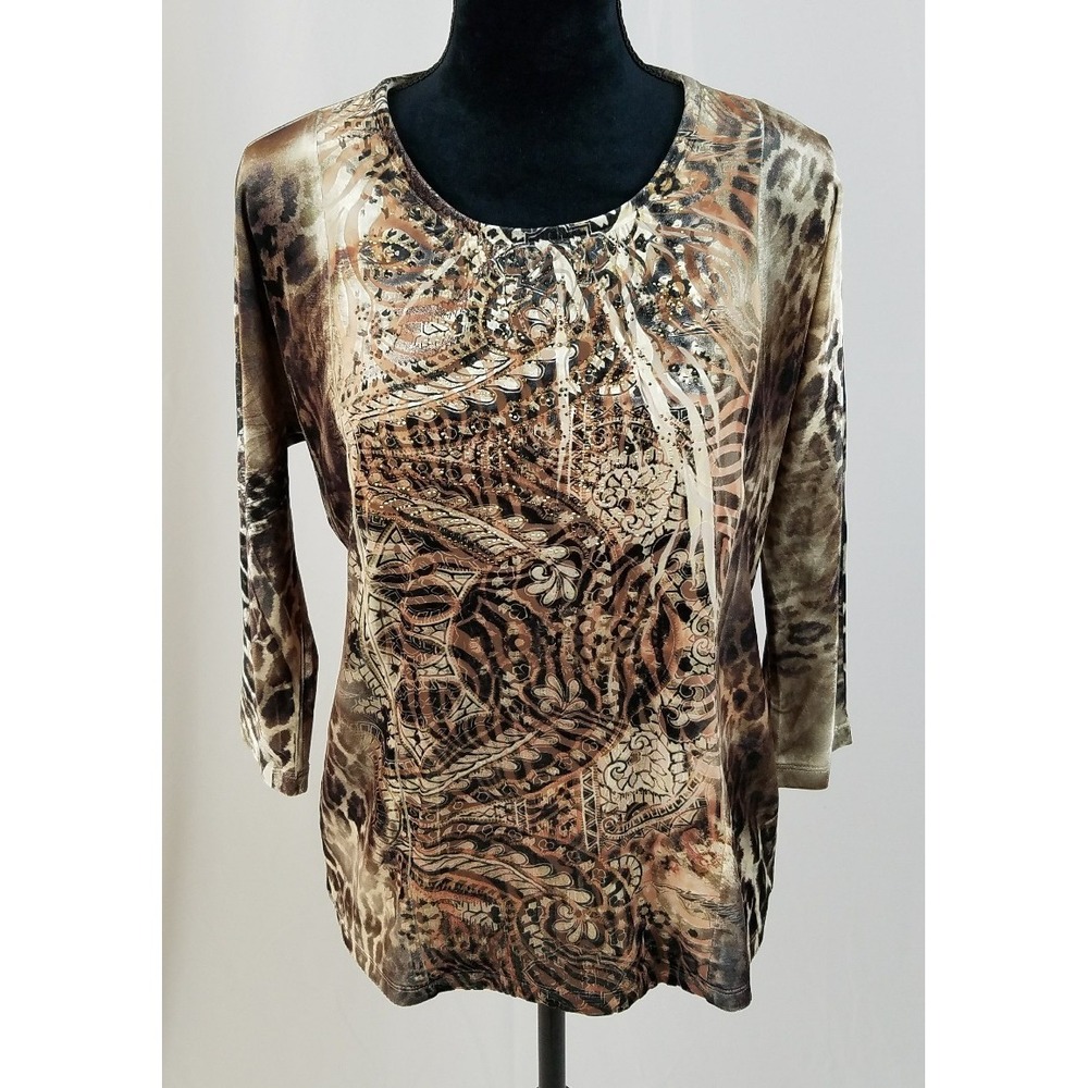 Chico's women small‎ velvet pullover 3/4 sleeve blouse shirt embellishments lace